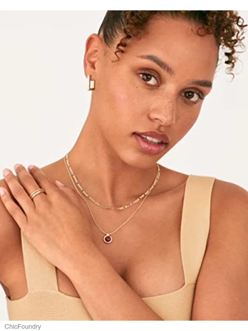 14K Gold Plated Carnelian Pendant Layered Necklace Women's